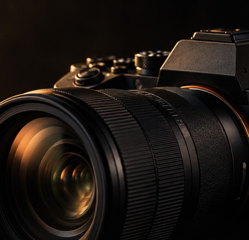Close-up of a mirrorless camera and lens in warm, low light